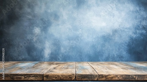Rustic wooden surface against a textured blue backdrop