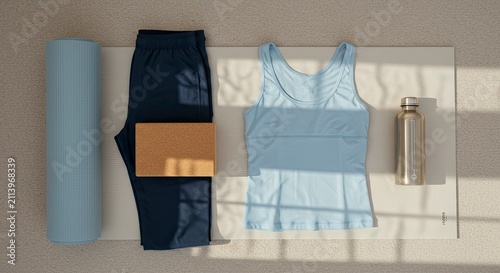 Yoga Essentials: Mat, Apparel, Block, and Water Bottle in Soft Morning Light
