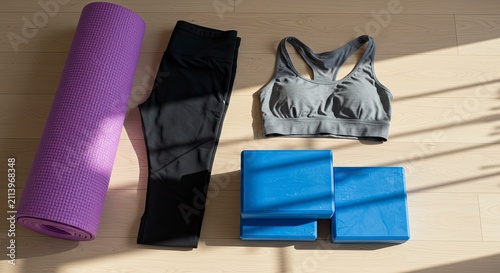 Yoga Essentials: Purple Mat, Black Leggings, Sports Bra, Blue Blocks, Sunlight.