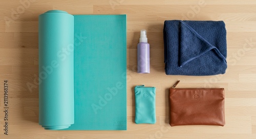 Yoga Essentials Still Life: Turquoise Mat, Lavender Spray, Navy Towel, and Leather Pouches on Wood