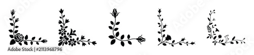 Elegant floral corner ornaments collection with rose blossoms and delicate leaf vines.
