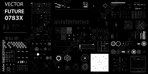 dense collection of sci fi technical elements vector sci fi futuristic space technology gears circuits panels controls dials grids symbols icons black white monochrome