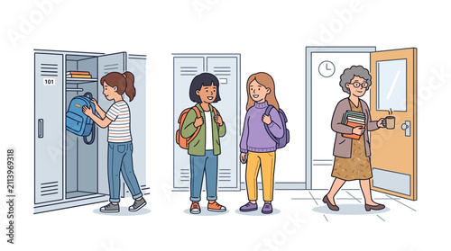 A group of diverse students and a teacher standing in a school hallway.