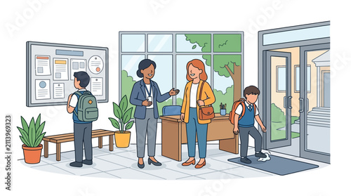 A group of students and a teacher interacting in a school office setting.