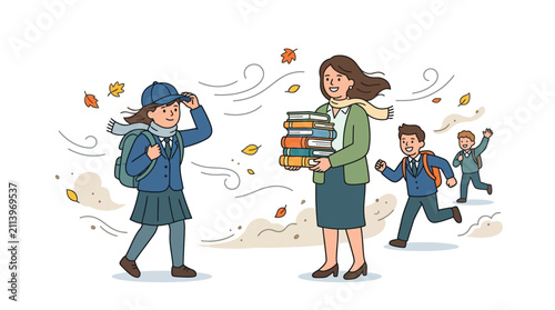 A teacher carrying a stack of books while students walk and run past her in windy weather.