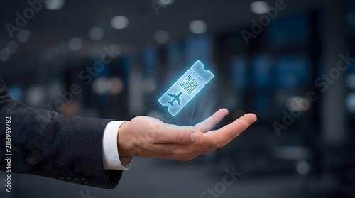 A digital boarding pass with a QR code glows above an open businessman's hand