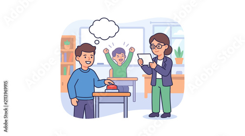 A teacher and two students participating in a classroom quiz game activity.