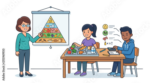 A teacher explaining the food pyramid to two students in a classroom setting.
