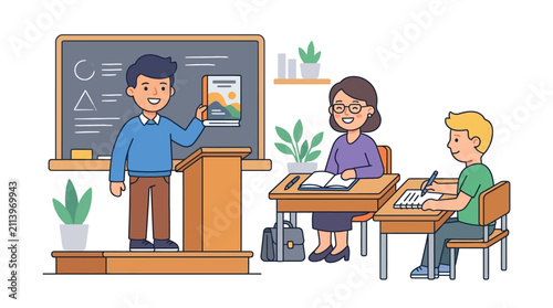 A male teacher presenting a book to students in a classroom setting.