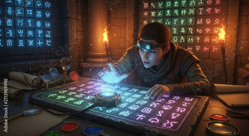 Scholar deciphering glowing ancient symbols in dark stone temple