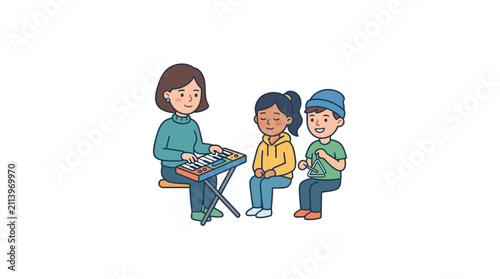 A female music teacher playing a keyboard for two young children in a classroom setting.