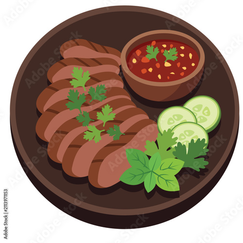 crying tiger grilled beef steak vector illustration