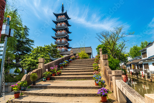 Photography Bole Square and Fahua Pagoda, Jiading District, Shanghai, China, ancient Chinese