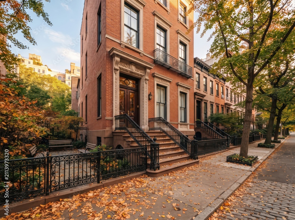 Fototapeta premium Red brick brownstone corner with stoop and fallen leaves on sidewalk