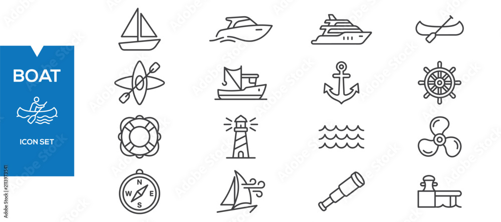 Fototapeta premium Boat Icons Set – Flat Marine, Water Transportation Nautical Vector Collection