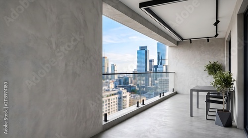 Minimalist Balcony Terrace with Modern City Skyline Apartment View