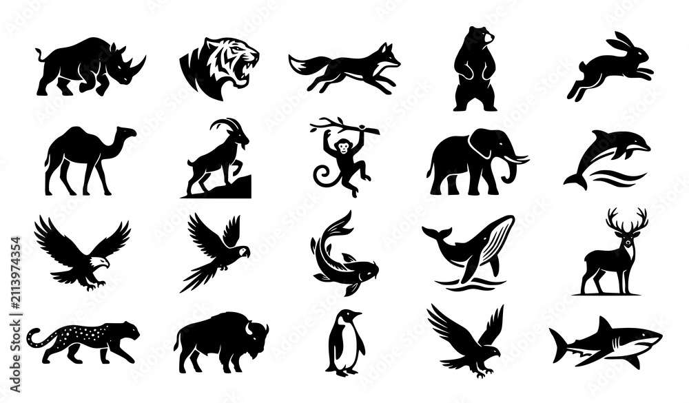 Fototapeta premium Modern Wildlife Animal Silhouette Logo Collection with Mammals Birds Fish and Nature Icons