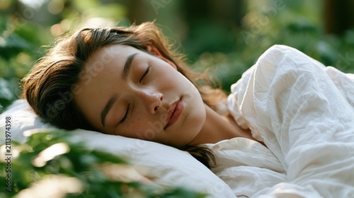 Young woman sleeping peacefully on a white pillow in nature with morning sunlight