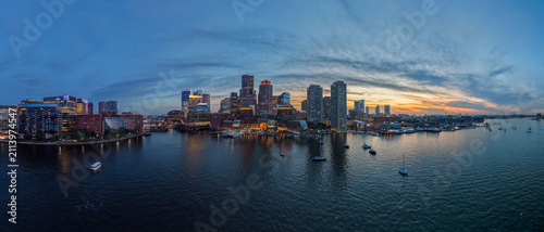 Panoramic aerial view of downtown Boston and the harbour