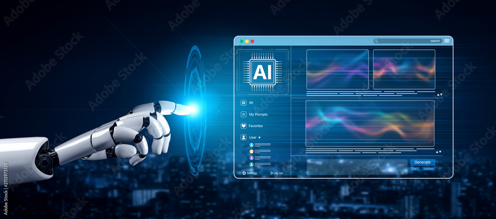 Obraz premium AI generates dynamic art through an interactive platform, displaying AI-generated images in a smart gallery using generative engines and automated design tools. Artificial intelligence spline
