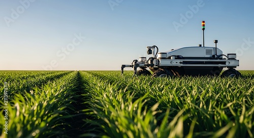 Autonomous Farm Robot in Green Field at Sunset