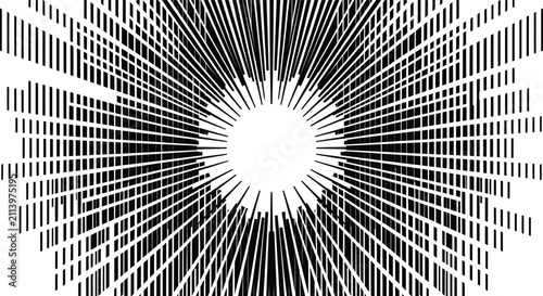 Obraz na płótnie Abstract sunburst pattern with radiating black lines against a bright white cent