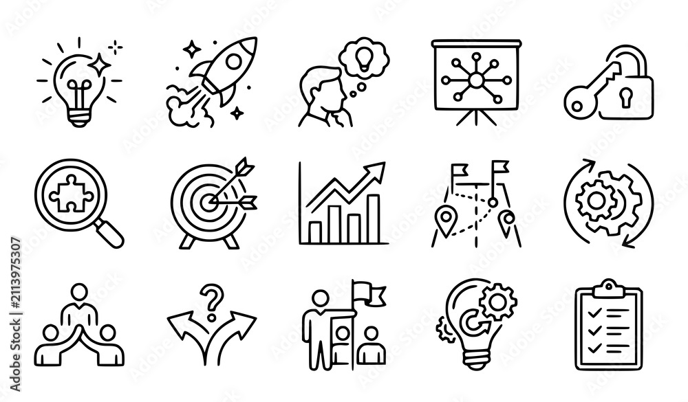 Fototapeta premium Business Startup and Corporate Strategy Line Icon Set Featuring Innovation Ideas Launch Rocket Targeting Analysis and Teamwork Elements for Management Graphics (21 words)