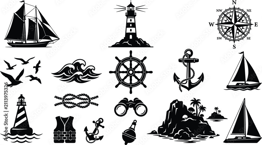 Fototapeta premium Nautical and marine silhouette vector icon set featuring sailing ships lighthouses anchor steering wheel compass ocean waves and tropical island travel elements