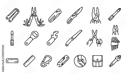 Fotografía Multi Tool and Pocket Knife Line Icon Set Featuring Folding Pliers, Saw Blades,