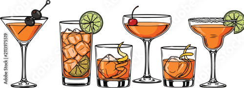 Vector illustration set of classic orange cocktails in various glasses, including a martini, old fashioned, margarita, and highball, featuring ice and fruit garnishes isolated on a white background.