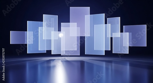 Futuristic Transparent Rectangles Floating in Dark Blue Space