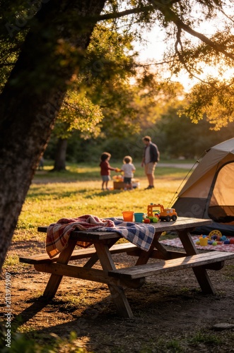 Family camping site with picnic table and tent in park ideal for outdoor lifestyle family vacation and travel marketing