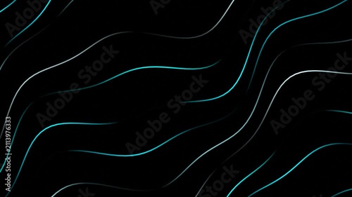 Abstract dark background featuring glowing wavy cyan and white lines flowing across a black canvas for modern digital design