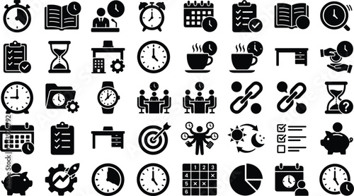Time management and productivity icon bundle featuring alarm clocks stopwatches calendars appointment schedules hourglasses coffee breaks and corporate business efficiency silhouette vector symbols