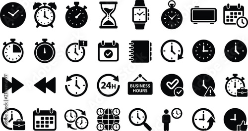 Time management and business hours icon bundle featuring wall clocks alarm clocks stopwatches smartwatches calendars hourglasses countdown timers and schedule planning vector silhouette symbols
