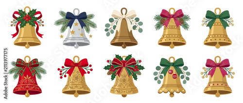 Festive Bells with Ribbons and Evergreen Sprigs