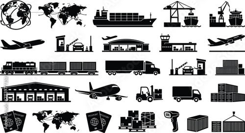  Worldwide freight transport and supply chain infrastructure silhouettes with customs toll gate port terminal container depot scanner flat graphic design elements vector