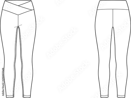 Fotografie Technical fashion flat sketch of women crossover waist leggings front and back v