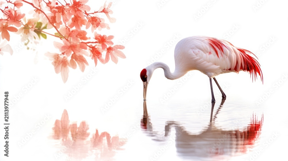 Obraz premium Graceful Crane and Blossom: A majestic white crane with red accents gracefully bows its head by the water's edge, reflecting its elegance. Delicate pink blossoms drift nearby.