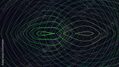 Abstract Futuristic Digital Sound Wave Background with Glowing Green Curved Lines and Sparkling Particles
