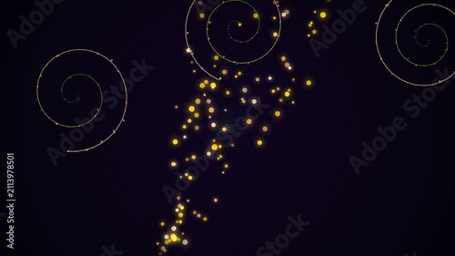 Golden luminous particles drift and swirl upwards in elegant, abstract spirals on a dark, mysterious background, creating a captivating and magical visual effect