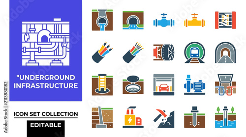 Underground infrastructure and urban utility icons collection