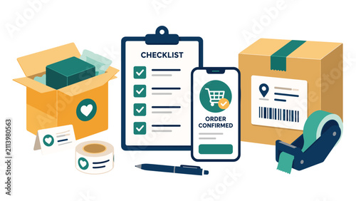 Small Business Shipping Workflow Illustration With Packaging Checklist And Delivery Management Elements