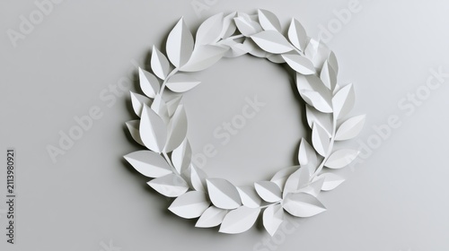 Simple white paper wreath made of folded leaves on a plain background.