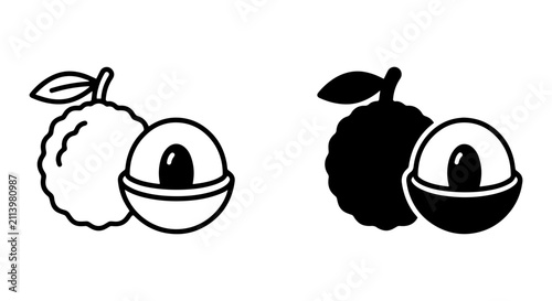 Lychee Fruit Icons: Outline and Silhouette, Fresh Tropical Food Vector Graphics