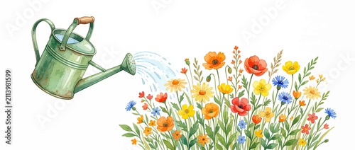 Bild auf Leinwand Watercolor watering can nurturing colorful wildflowers