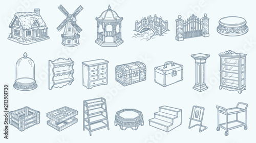 Foto A collection of detailed line art illustrations depicting various architectural elements, furniture, and decorative objects in a monochrome style