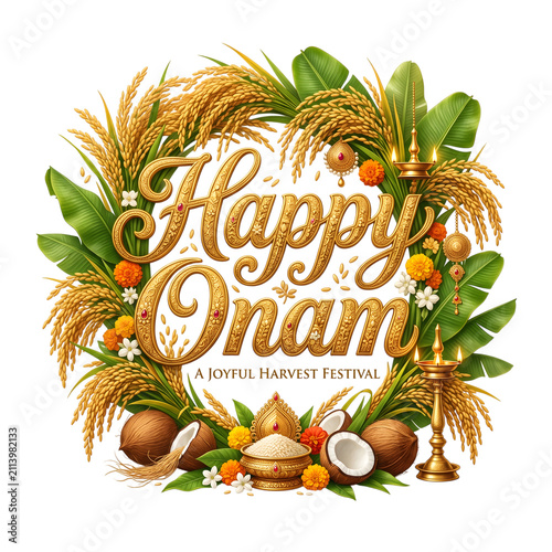 Happy onam harvest festival greeting design with traditional elements on transparent background