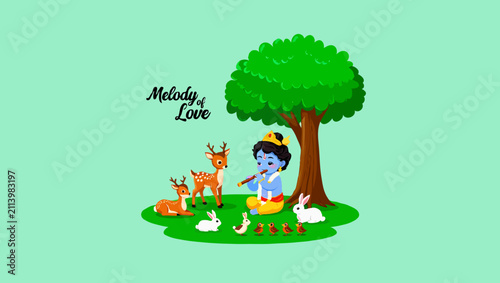 Krishna playing flute with deer, rabbits and ducks under a tree