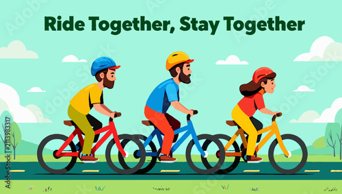 Illustration a group friends riding bicycles together in nature